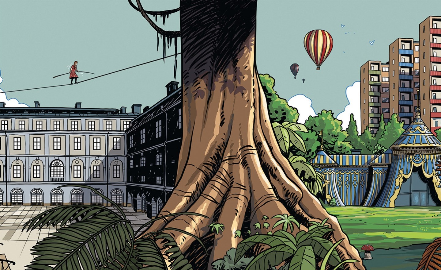 Tecknad bild i färg med en trädstam i mitten och två olika miljöer på sidorna. Till vänster en byggnad och en flicka som lindansar, till höger luftballonger, höghus och ett tält.