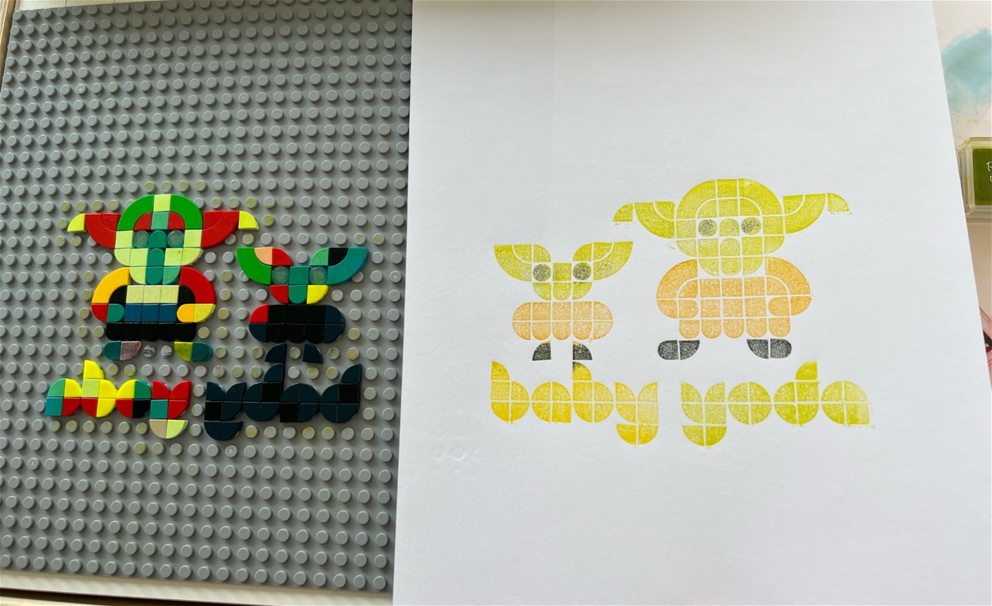 baby yoda motiv i lego och som tryckt på papper