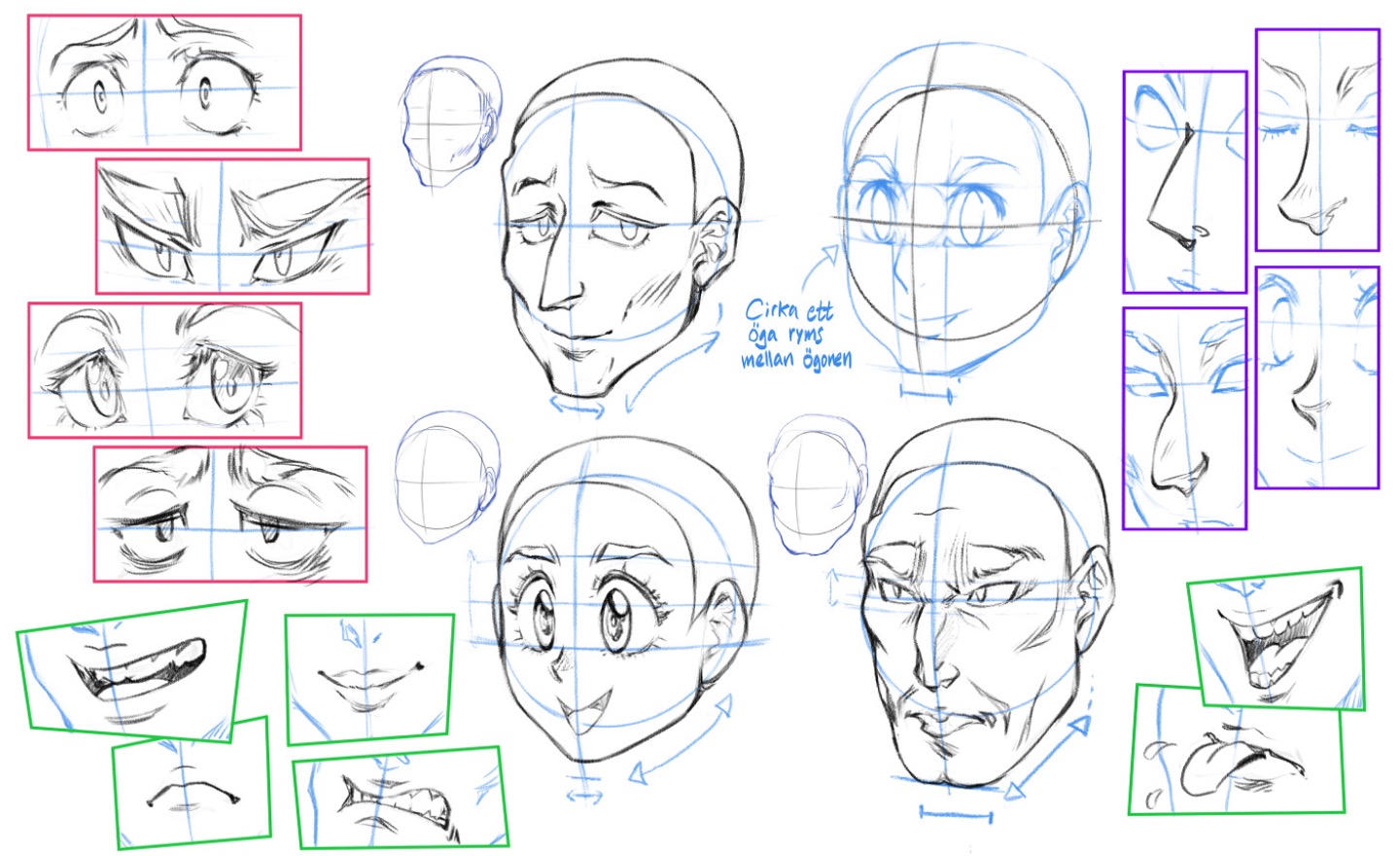 Bilder på olika slags ansikten, ögon, näsor och munnar. Manga- eller serieworkshop.