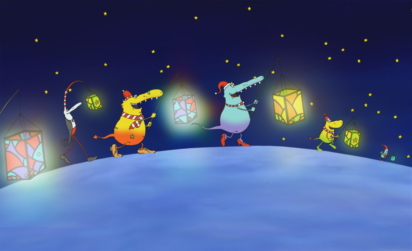 Molly och hennes monstervänner går i en julparad med ljuslyktor i händerna.