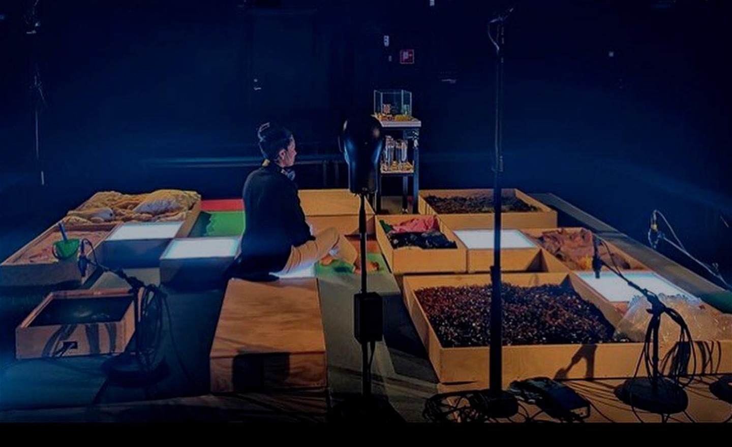 En person sitter bland trälådor fyllda med olika material. En del lådor lyser. Framför henne står olika mikrofoner. 