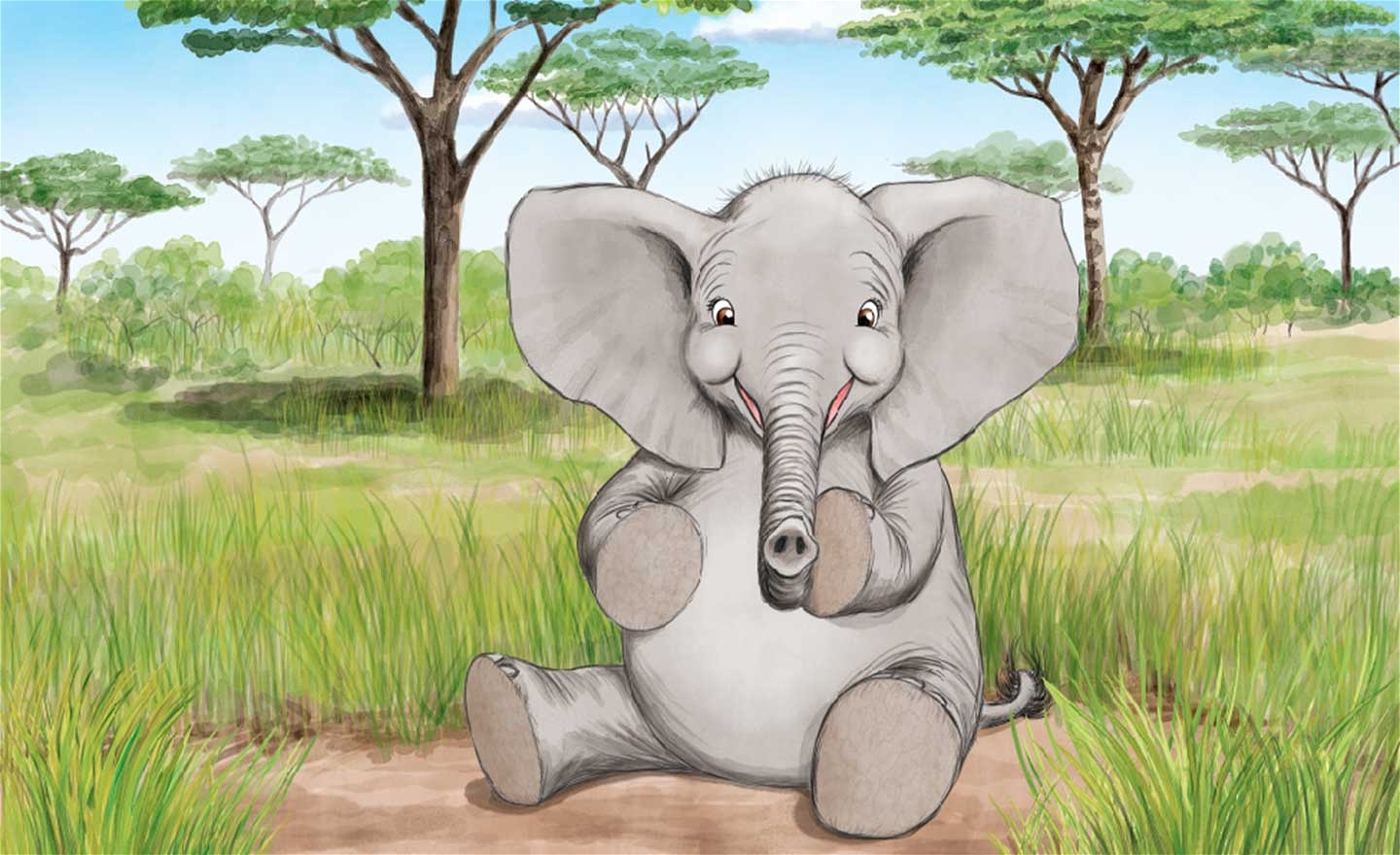 En elefant som sitter på rumpan på stäppen. Illustration.