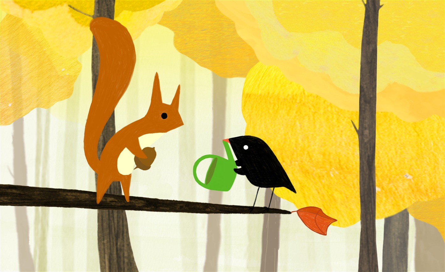 En ekorre som håller i ett ekollon och en svart fågel som håller i en grön vattenkanna.