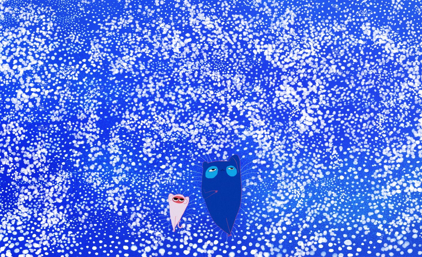 Två figurer i en abstrakt drömvärld som är blå och vit.