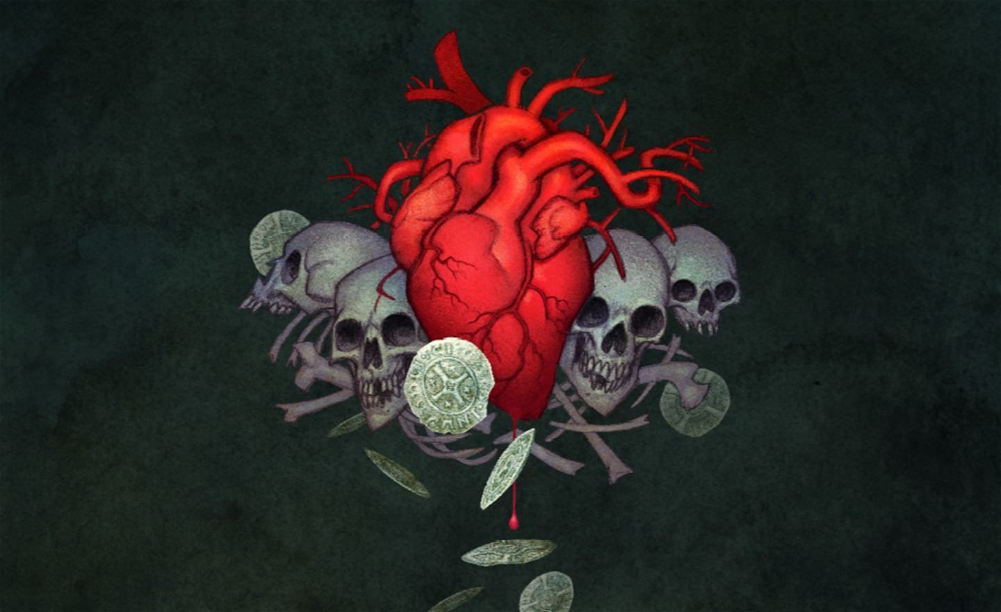 En illustrerad bild av ett mänskligt hjärta mot svart bakgrund. Hjärtat är omringat av dödskallar och silvermynt. 