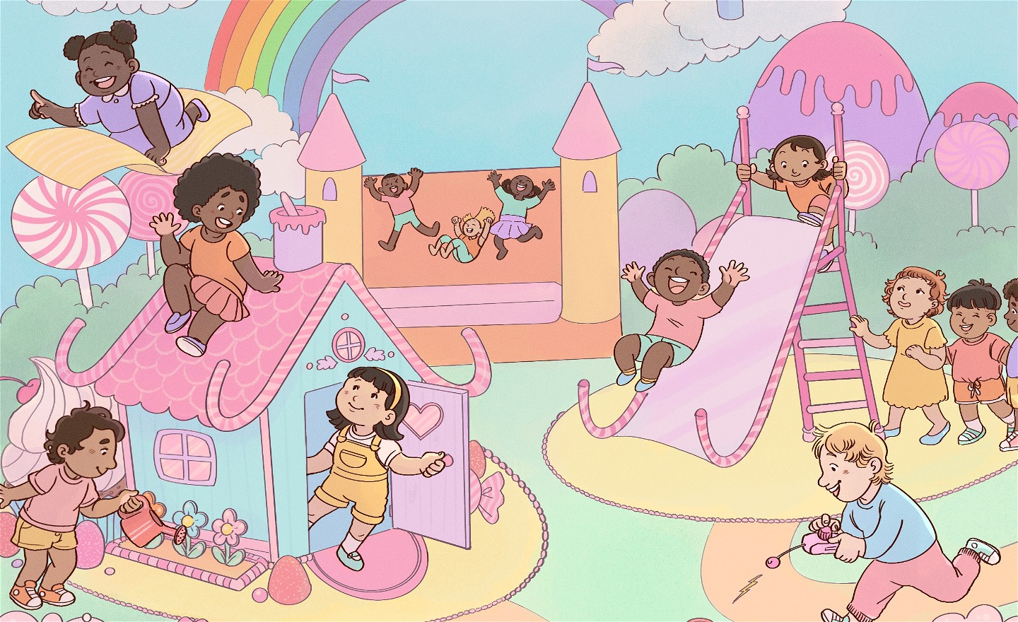 Illustration av barn som leker i en godisinspirerad lekpark