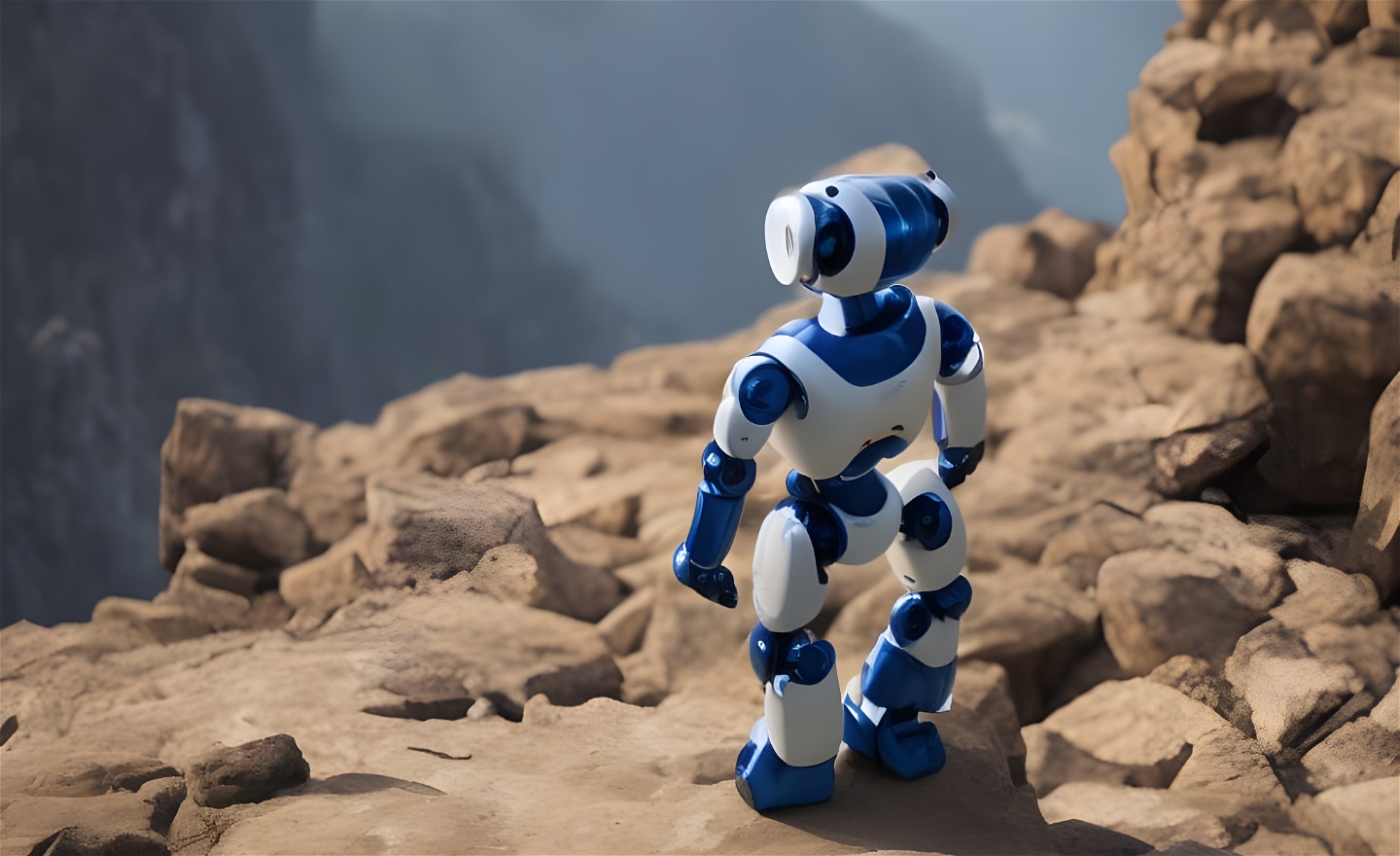 En blå-vit robot blickar ut över en bergsdal