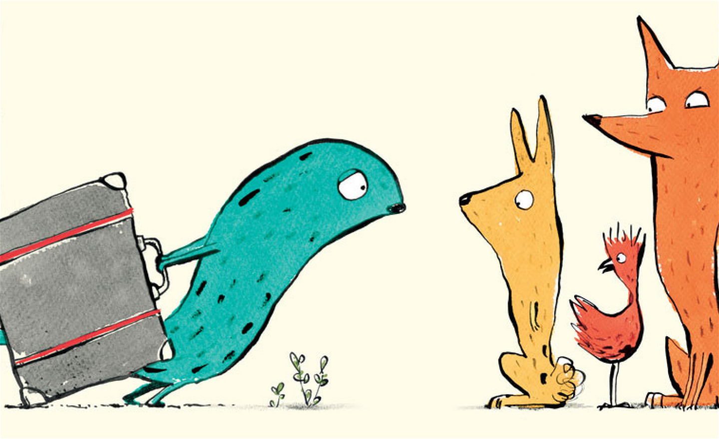 en trött figur med stor resväska möter en hare, en räv och en tupp