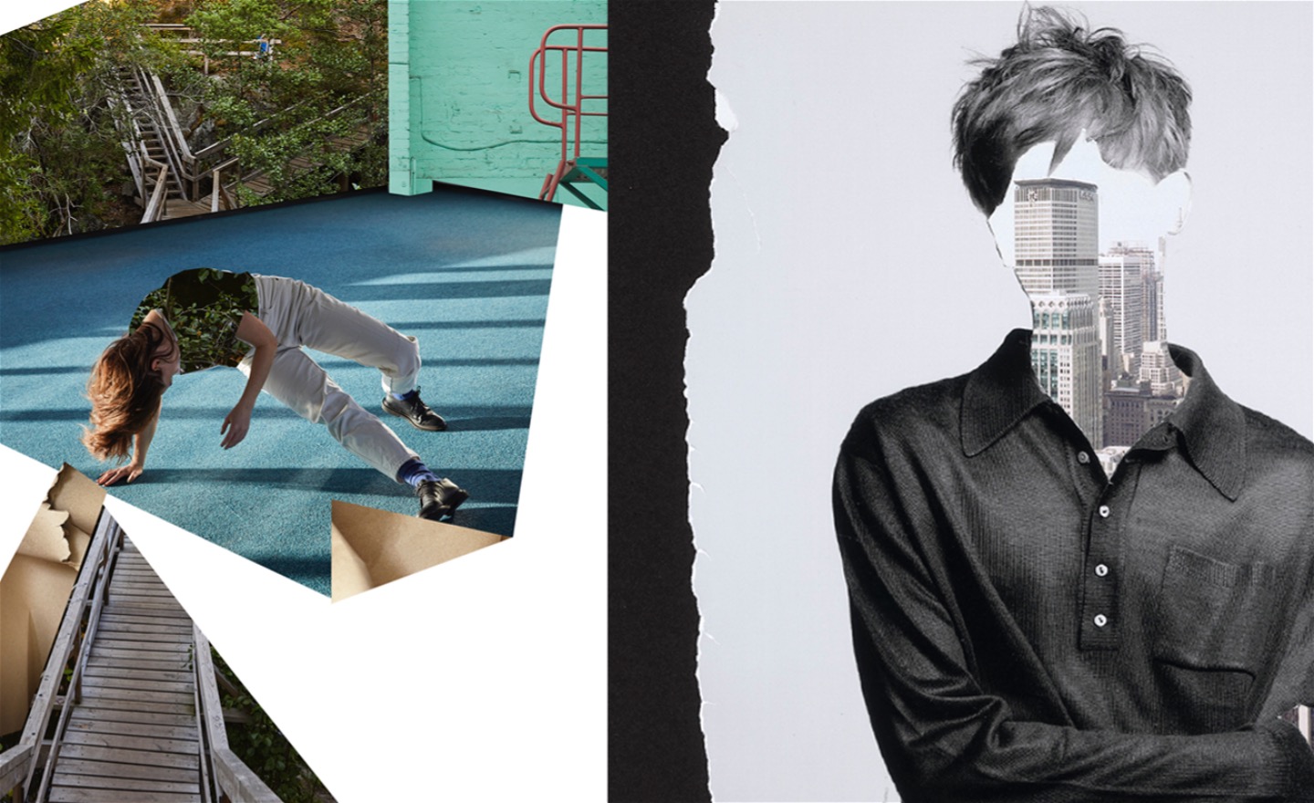 Ett fotokollage av en ung kvinna som höger armarna i luften. Hon dansar i högt gräs under räden och hennes armar och ansikte har ersatts av ett fotografi av ett grenverk.