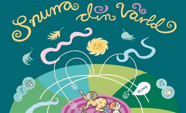 En illustrerad affisch med bebisar och texten Snurra din värld