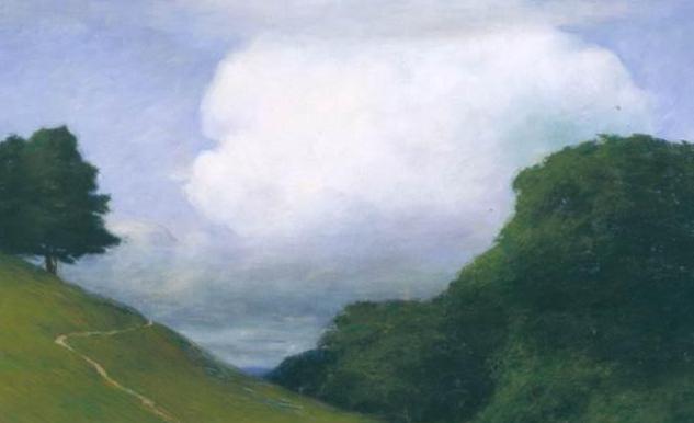 Bild av Prins Eugens målning Molnet. Ett grönt böljande landskap med ett stort moln centrerat ovanför horisonten