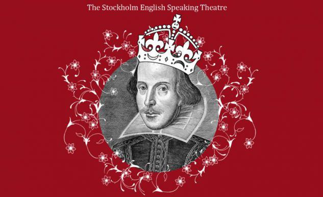 The Stockholm English Speaking Theatre's logotyp med ett porträtt William Shakespare med krona mot en röd bakgrund, 